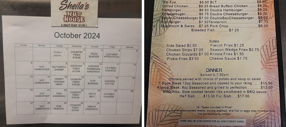 Sheila's Nut House Menu